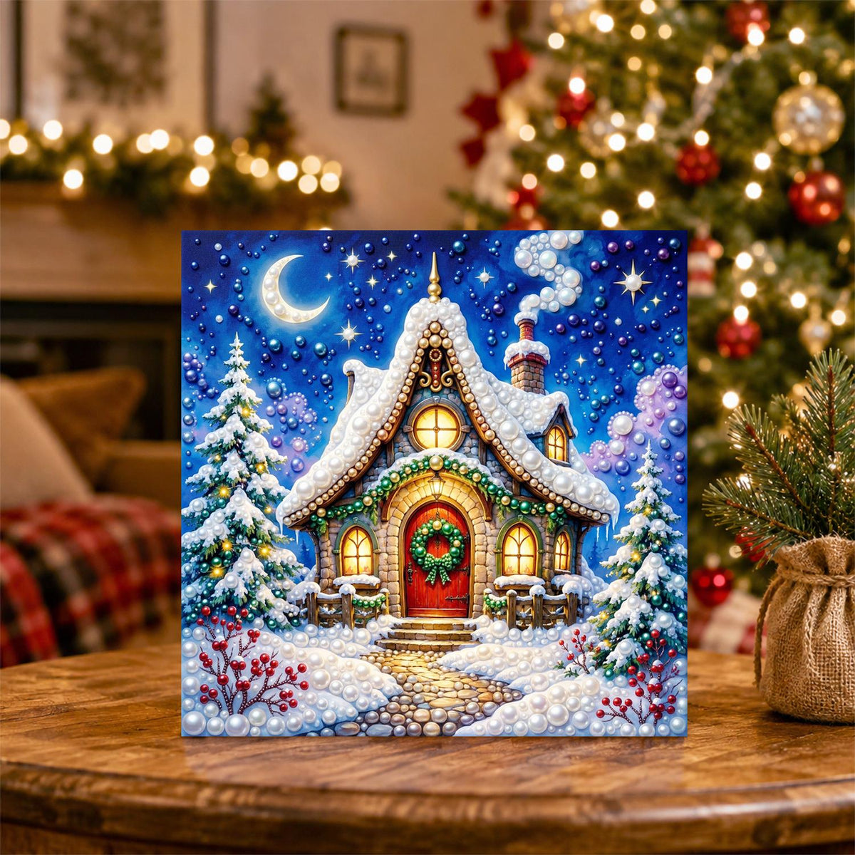 Moonlit Cottage with Red Door pearl painting – image 5