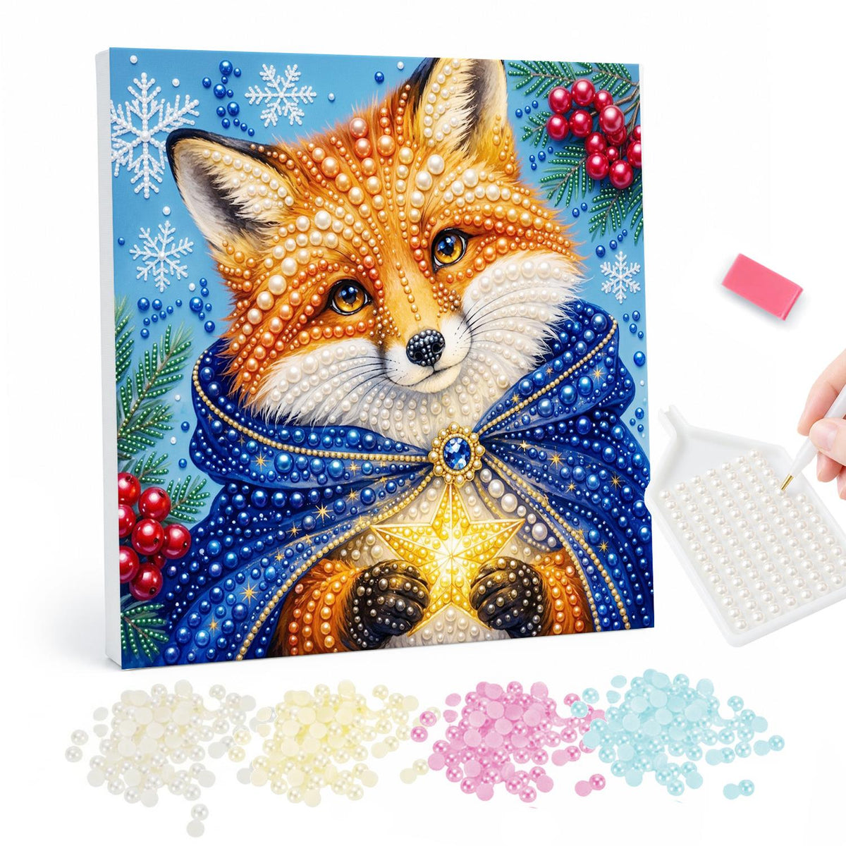 Fox in a Starry Blue Cloak pearl painting – Red fox wrapped in a blue velvet cloak with a glowing gold star clasp among snowflakes and berries