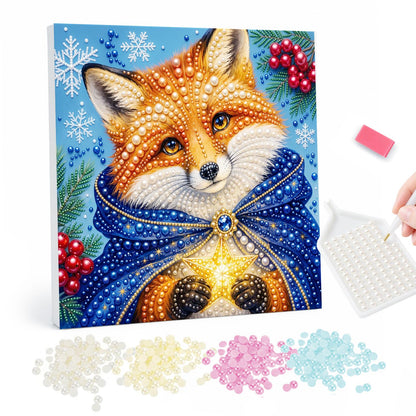 Fox in a Starry Blue Cloak pearl painting – Red fox wrapped in a blue velvet cloak with a glowing gold star clasp among snowflakes and berries