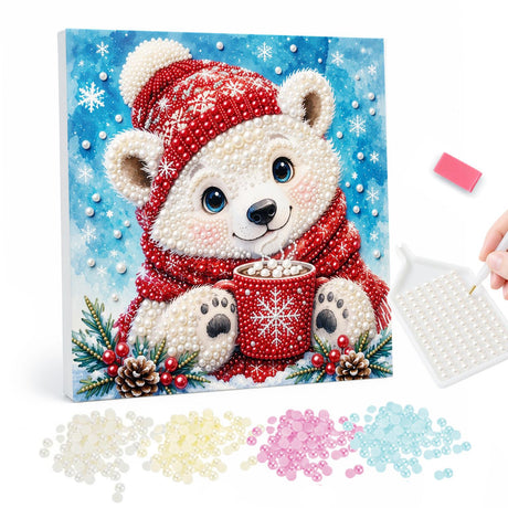 Polar Cub with a Cocoa Mug pearl painting – White bear cub in a red knit hat and scarf holding a snowflake mug of cocoa with pine cones