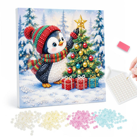 Penguin Topping the Tree pearl painting – Penguin in a knit hat and striped scarf placing a gold star on a Christmas tree with gifts below