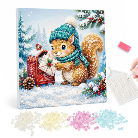 Squirrel Posting a Letter pearl painting – Squirrel in a teal knit hat and scarf posting a letter into a red mailbox in the snow