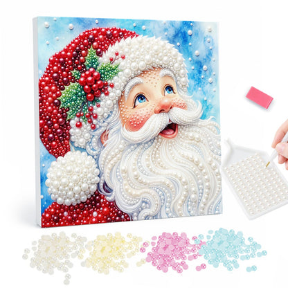 Laughing Santa with Holly Hat pearl painting – Close-up of a laughing Santa with a holly-trimmed red hat and curly white beard on a blue background