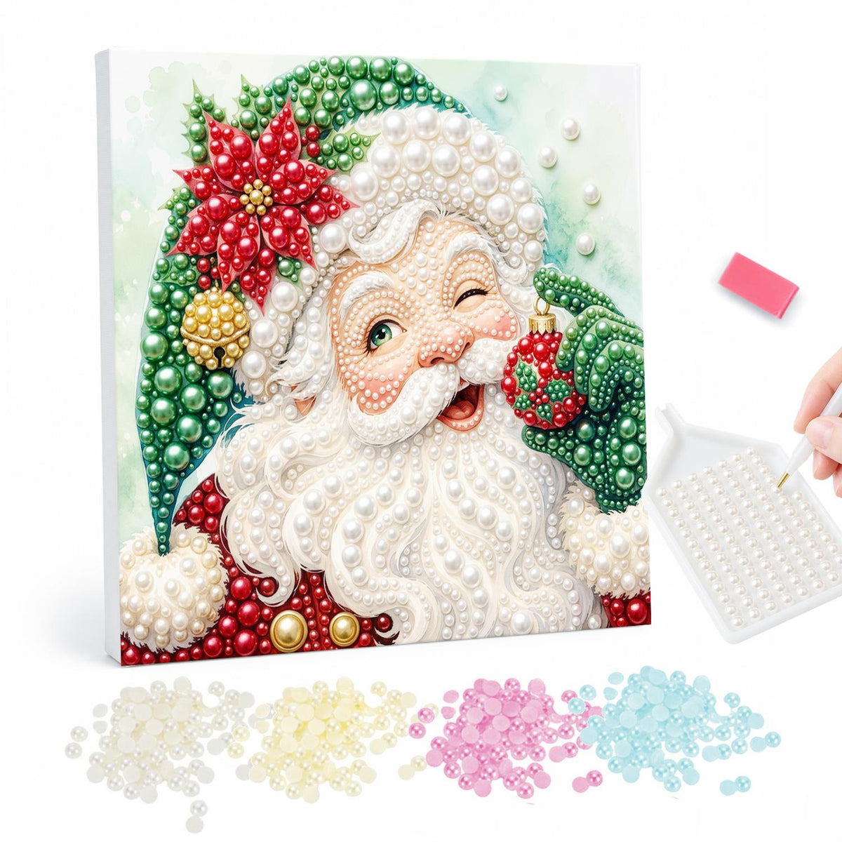 Winking Santa in a Green Hat pearl painting – Winking Santa in a green hat with a red poinsettia, holding a small ornament