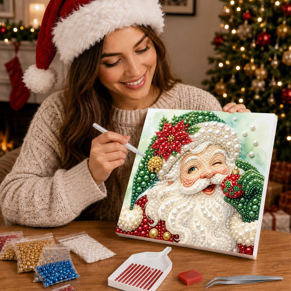 Winking Santa in a Green Hat pearl painting – image 16