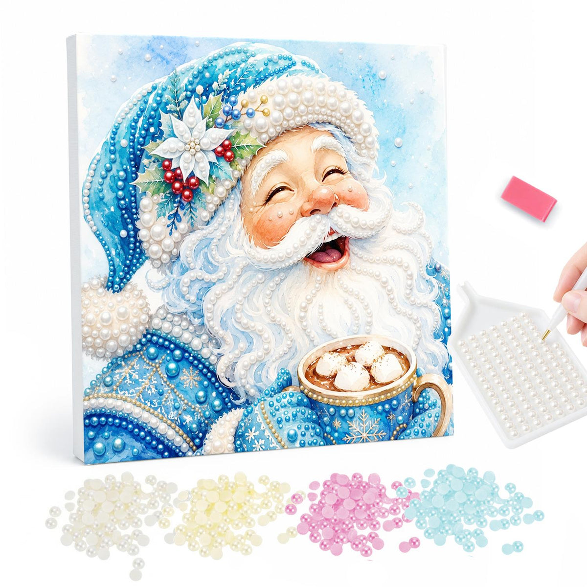Blue-Robed Santa with Cocoa pearl painting – Laughing Santa in a blue hat and coat with a white poinsettia holding a mug of marshmallow cocoa