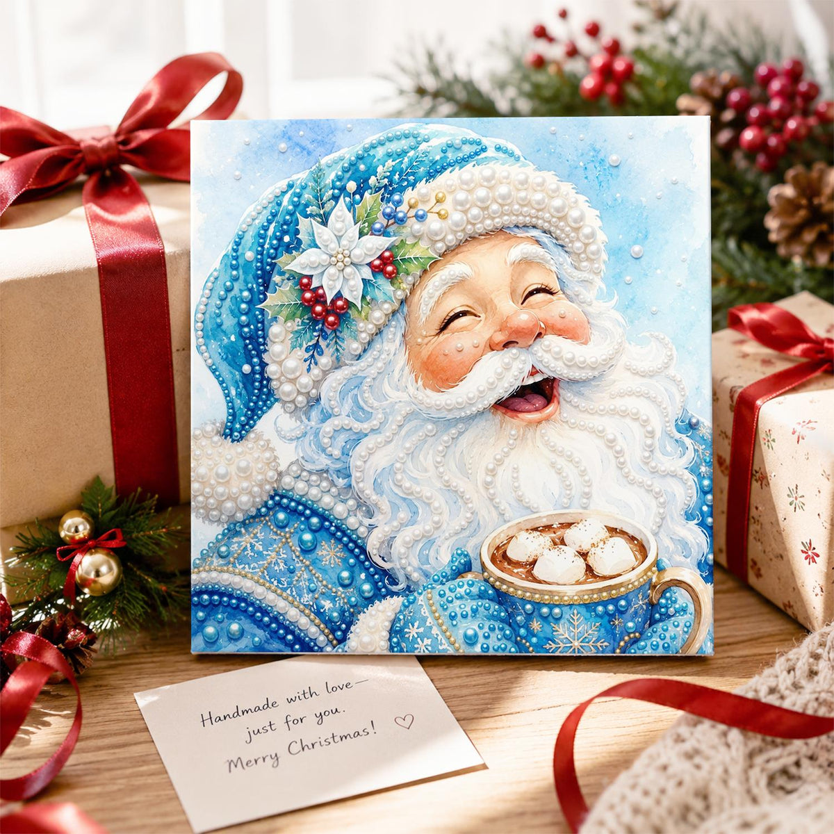Blue-Robed Santa with Cocoa pearl painting – image 2