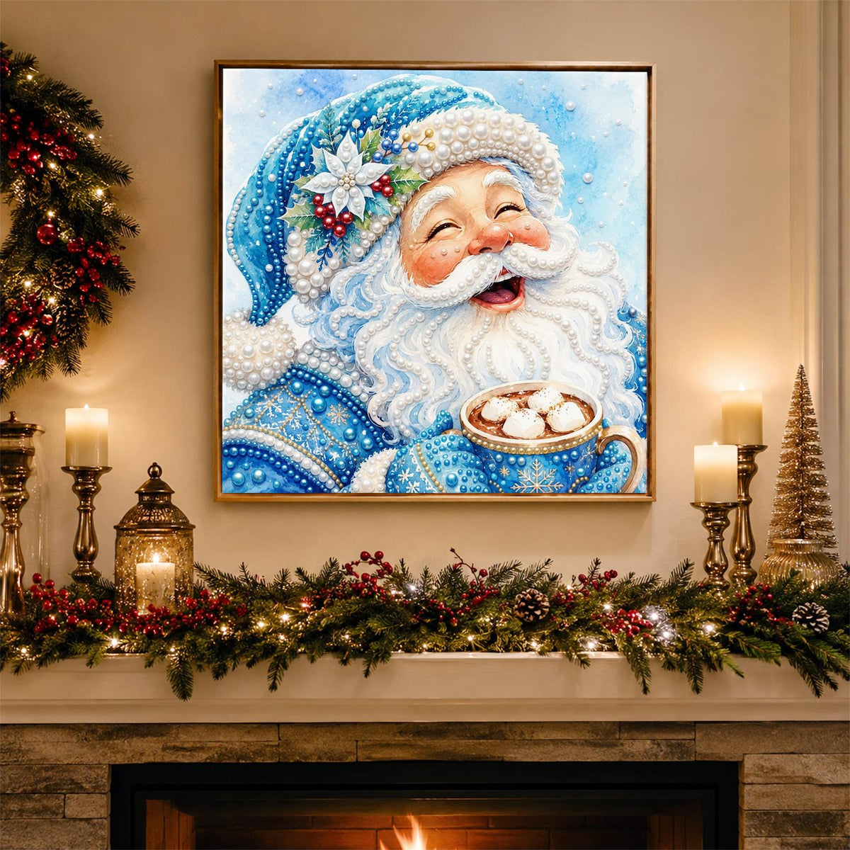 Blue-Robed Santa with Cocoa pearl painting – image 3