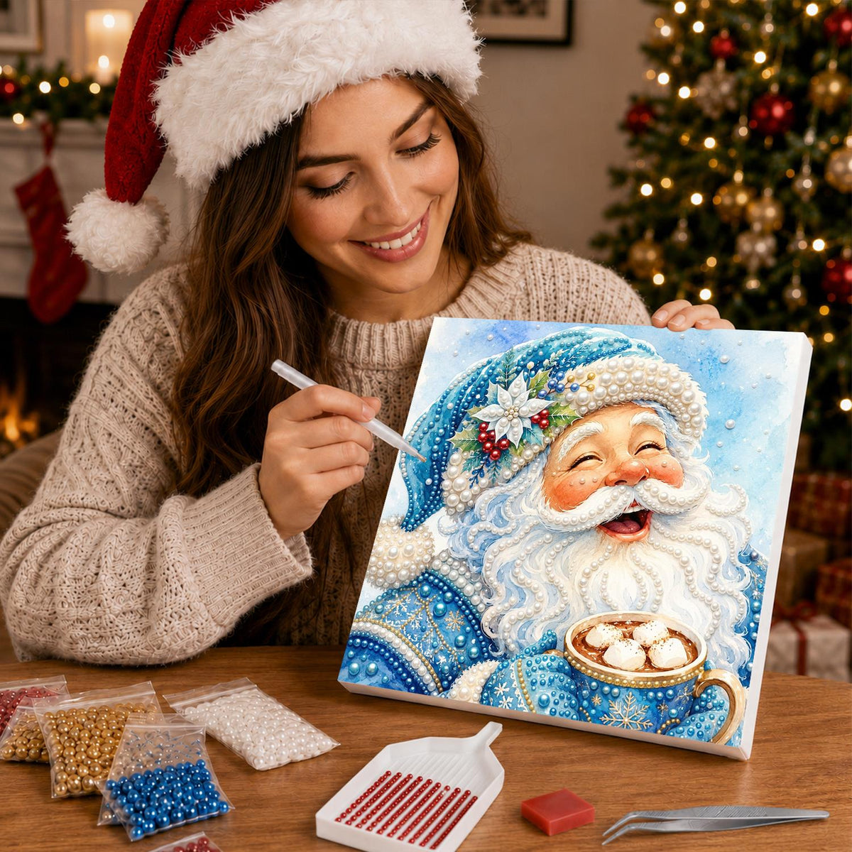 Blue-Robed Santa with Cocoa pearl painting – image 16