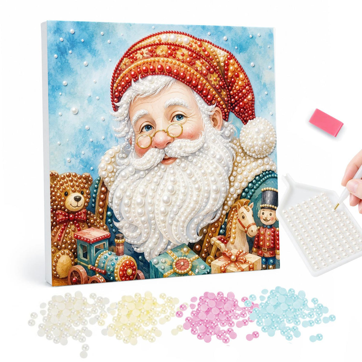 Santa with Spectacles and Toys pearl painting – Santa in round glasses and a red knit hat surrounded by a teddy, toy train, rocking horse and nutcracker