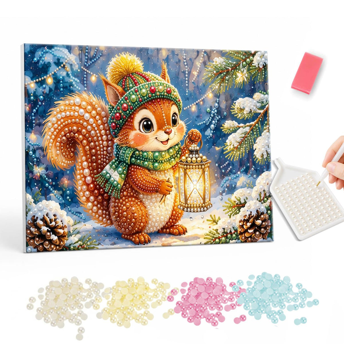 Lantern-Lit Squirrel in the Snow pearl painting – Squirrel in a green knit hat and scarf holding a glowing lantern in a snowy night forest