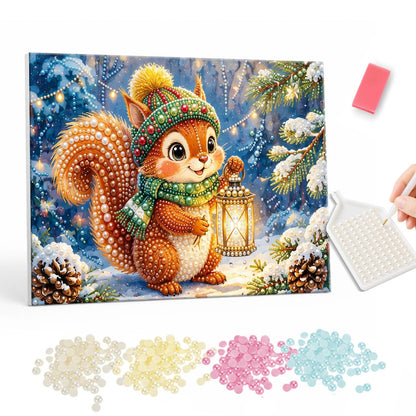 Lantern-Lit Squirrel in the Snow pearl painting – Squirrel in a green knit hat and scarf holding a glowing lantern in a snowy night forest