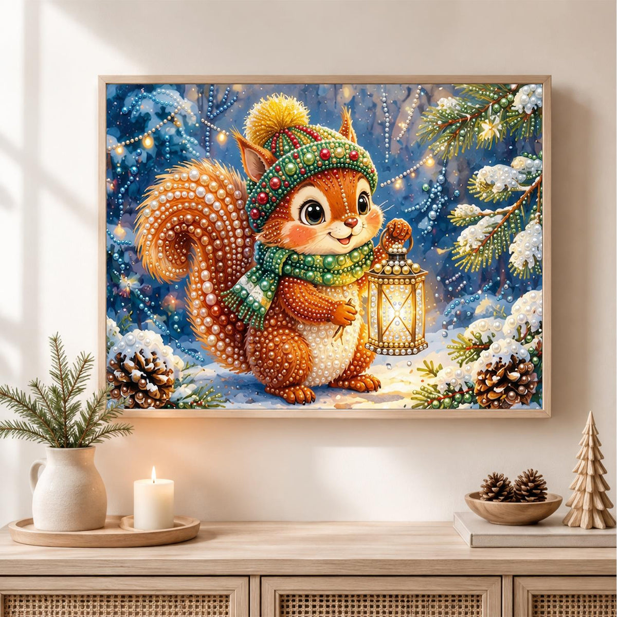 Lantern-Lit Squirrel in the Snow pearl painting – image 2