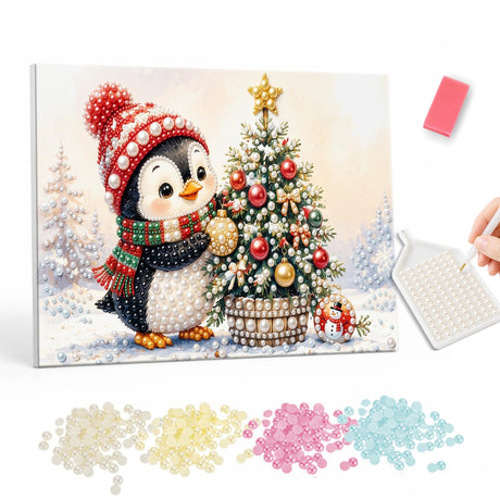 Penguin Hanging a Gold Bauble pearl painting – Penguin in a red knit hat and scarf hanging a gold ornament on a small potted Christmas tree