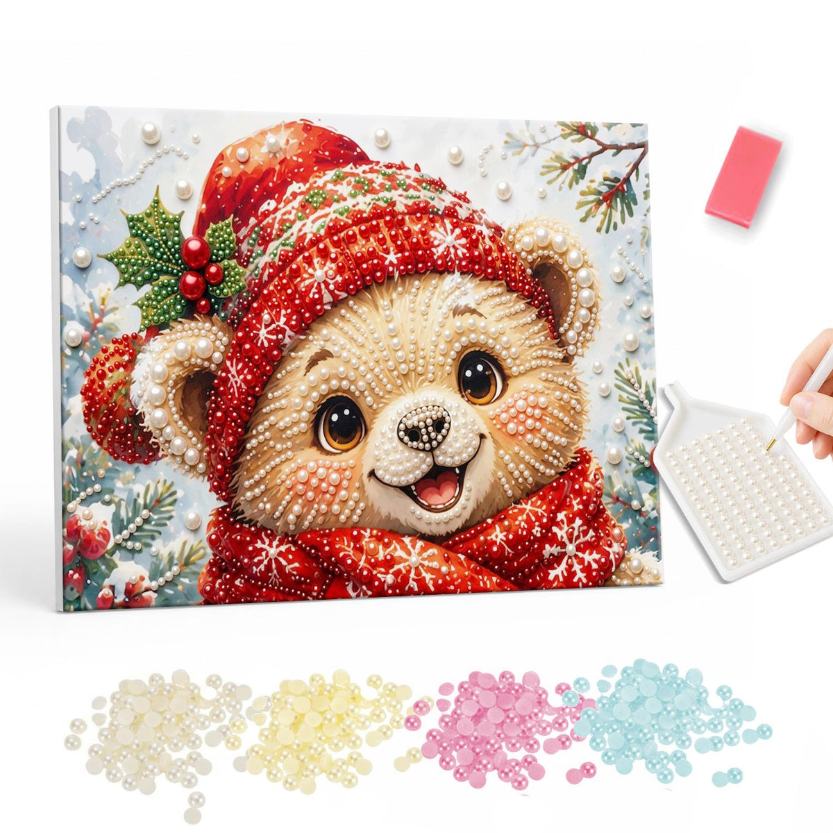 Grinning Bear Cub in Red Knits pearl painting – Smiling bear cub in a red knit hat with holly and a red snowflake scarf