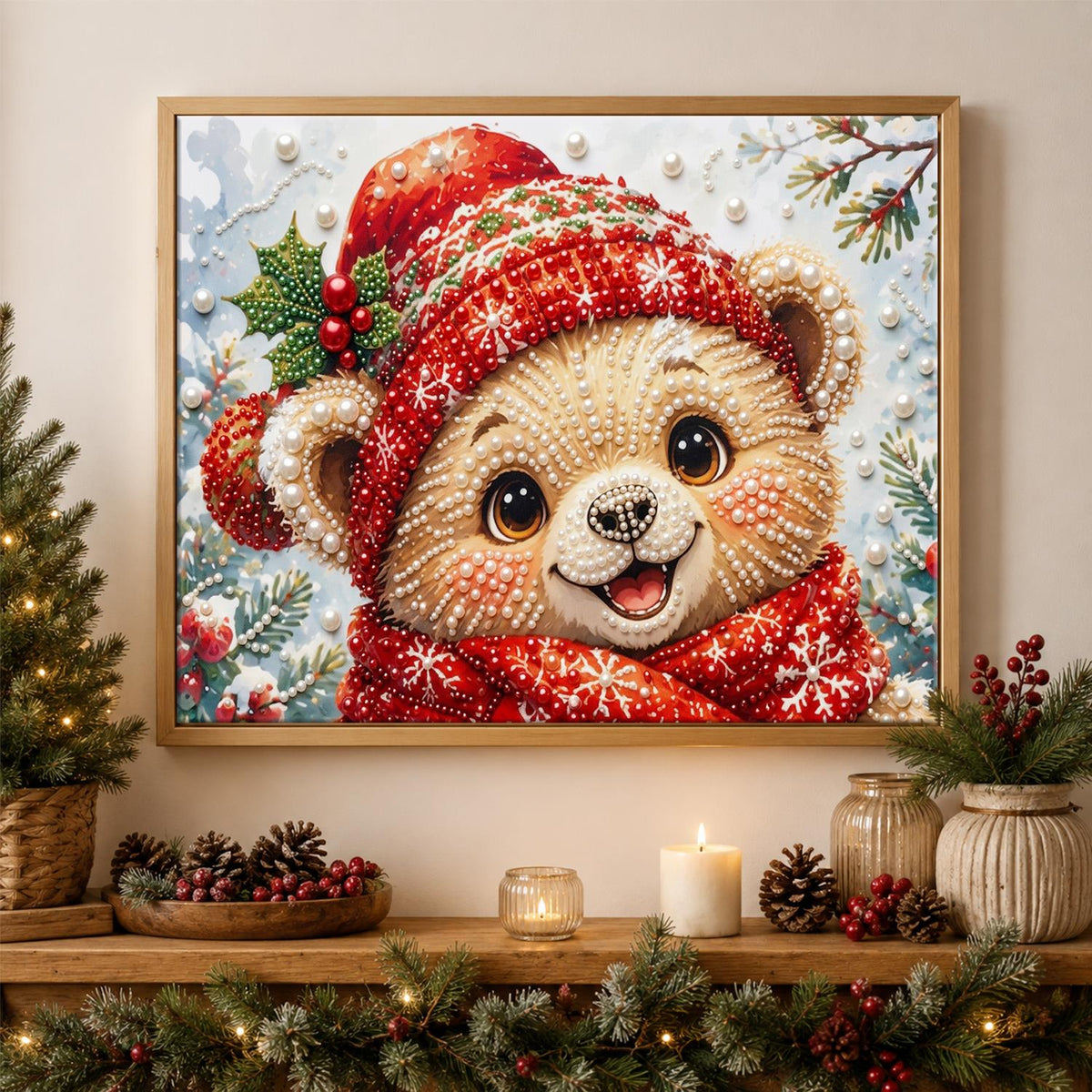 Grinning Bear Cub in Red Knits pearl painting – image 3