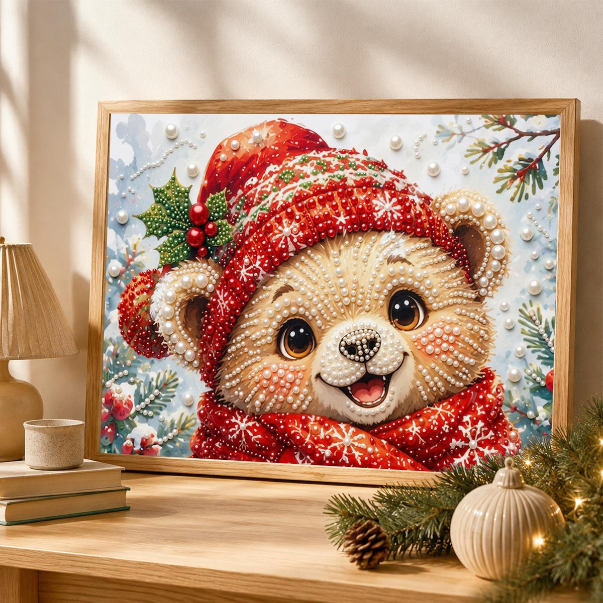 Grinning Bear Cub in Red Knits pearl painting – image 4