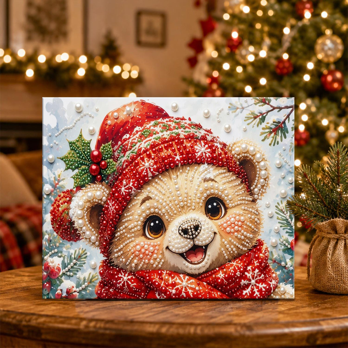 Grinning Bear Cub in Red Knits pearl painting – image 5