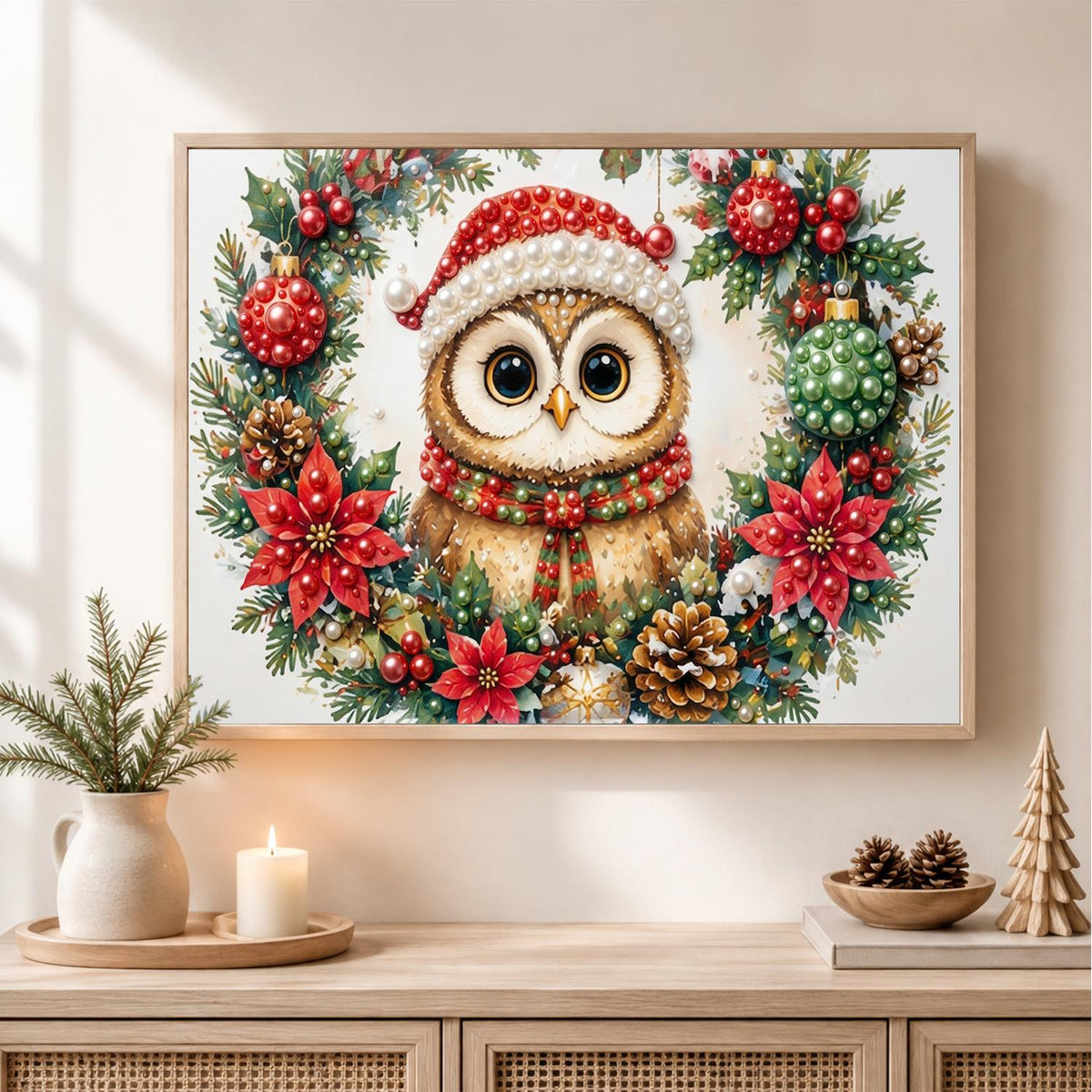 Owl in a Poinsettia Wreath pearl painting – image 2