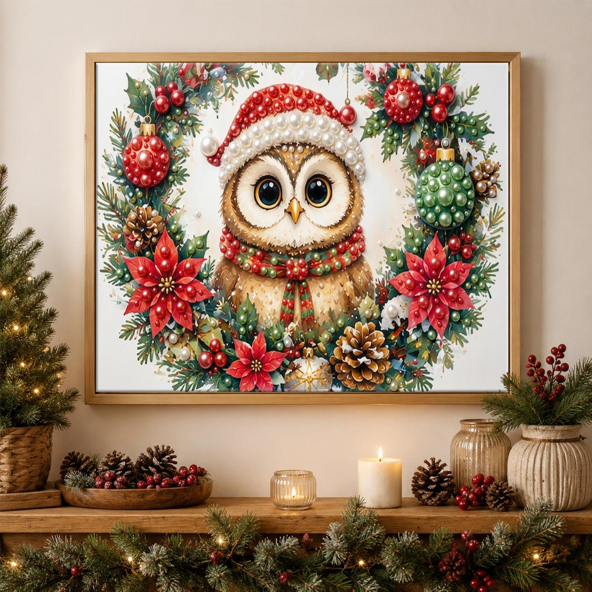 Owl in a Poinsettia Wreath pearl painting – image 3