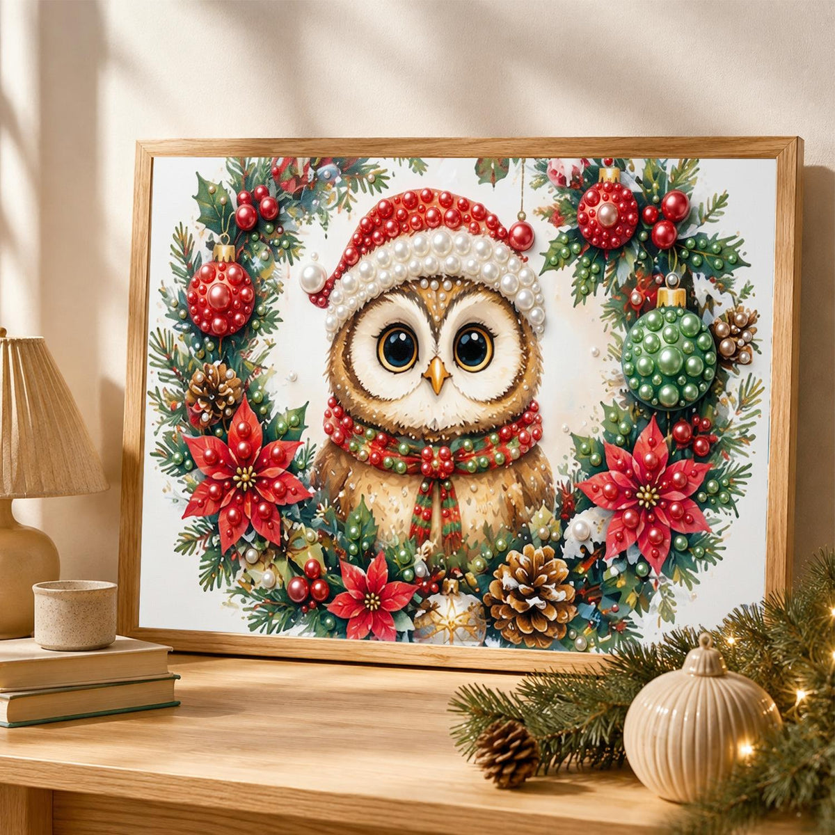 Owl in a Poinsettia Wreath pearl painting – image 4