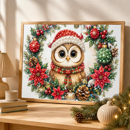 Owl in a Poinsettia Wreath pearl painting – image 4