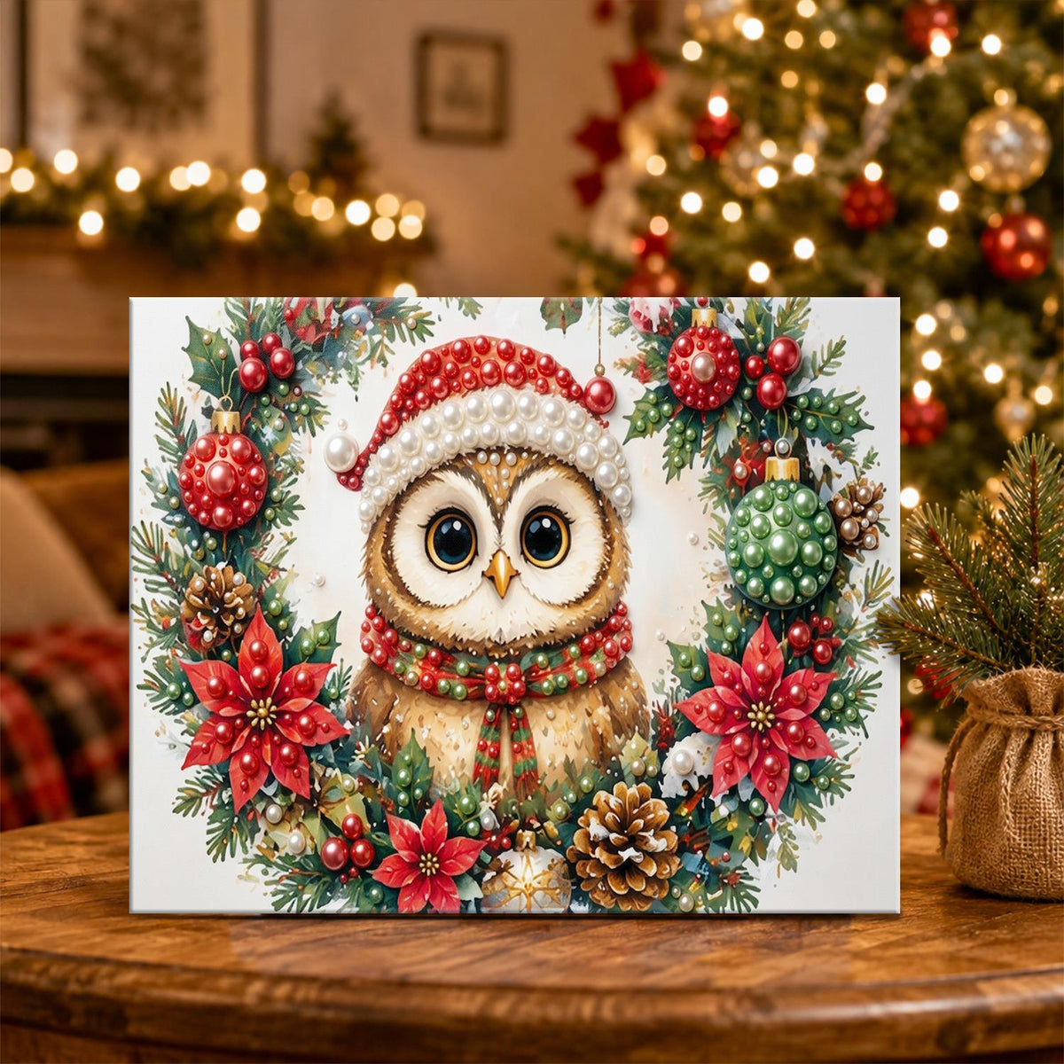 Owl in a Poinsettia Wreath pearl painting – image 5