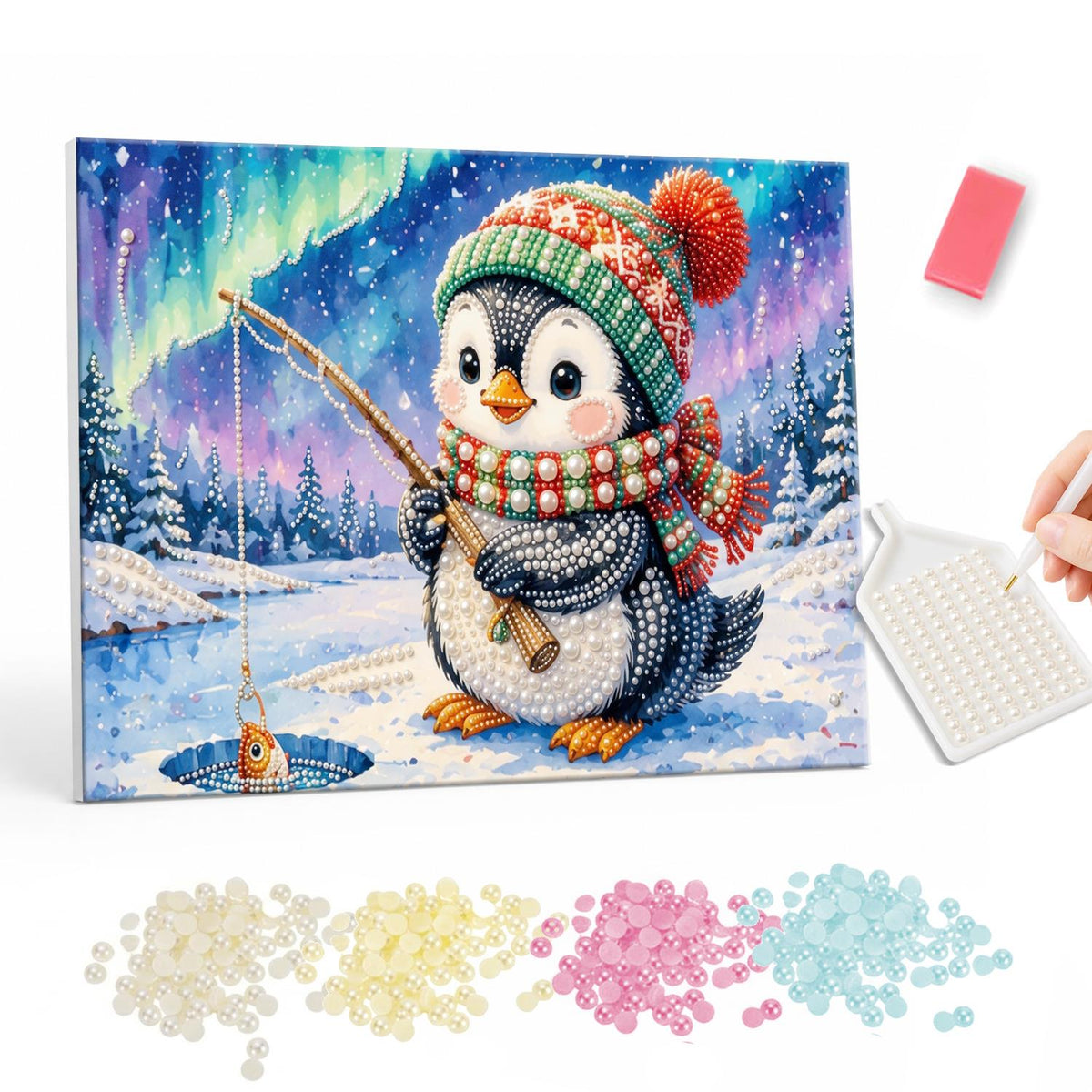 Penguin's Catch Under the Aurora pearl painting – Penguin in a green knit hat and scarf ice fishing with a small fish on the line under northern lights