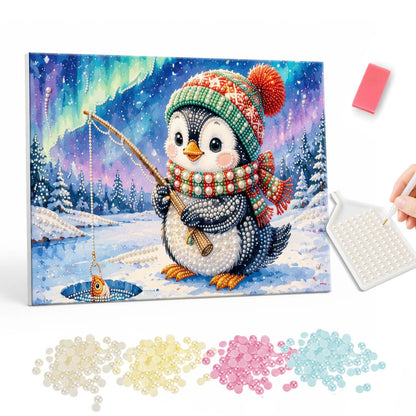 Penguin's Catch Under the Aurora pearl painting – Penguin in a green knit hat and scarf ice fishing with a small fish on the line under northern lights