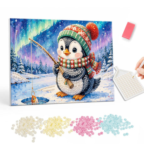 Penguin Ice Fishing pearl painting – image 1