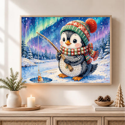 Penguin's Catch Under the Aurora pearl painting – image 2