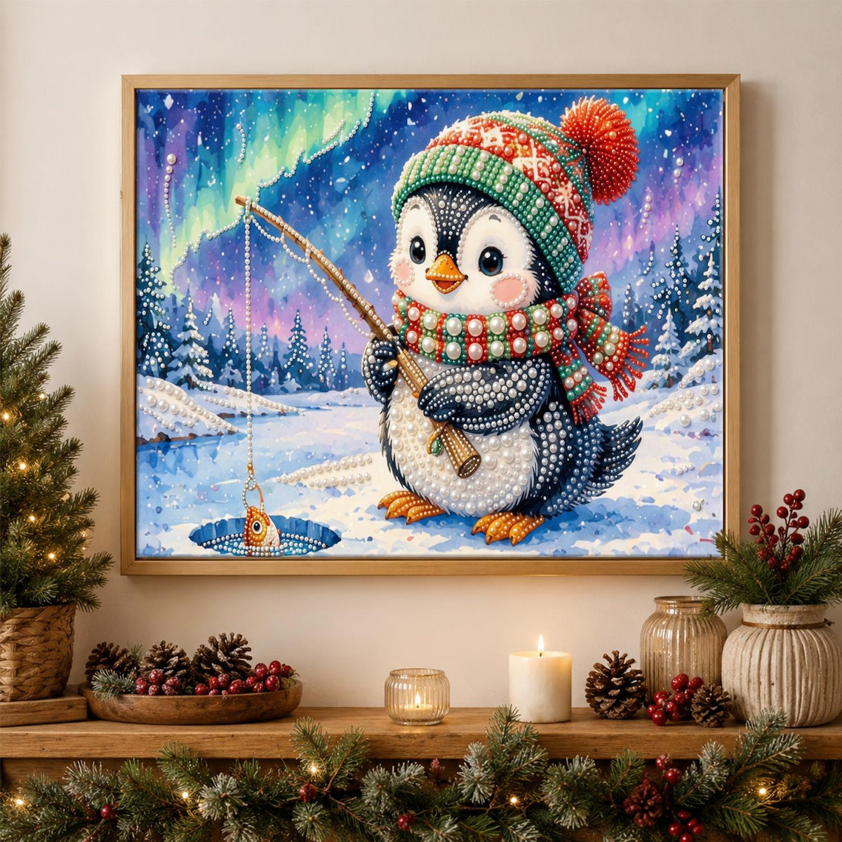 Penguin's Catch Under the Aurora pearl painting – image 3