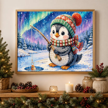 Penguin's Catch Under the Aurora pearl painting – image 3