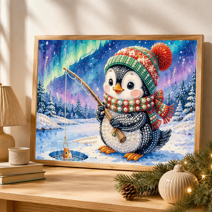 Penguin's Catch Under the Aurora pearl painting – image 4