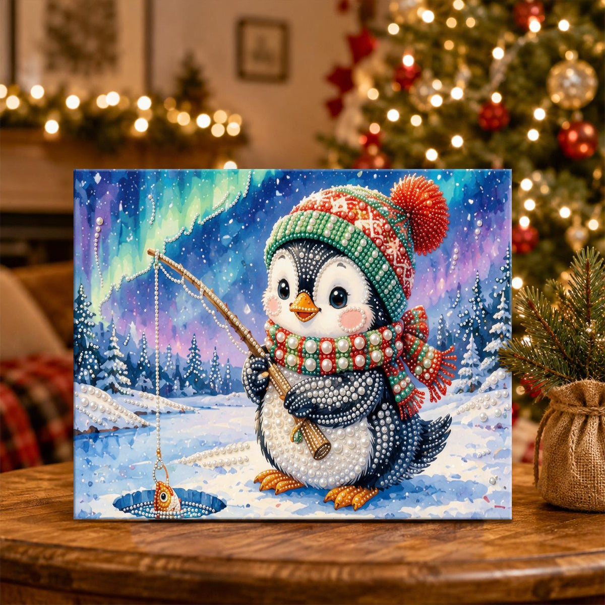 Penguin's Catch Under the Aurora pearl painting – image 5