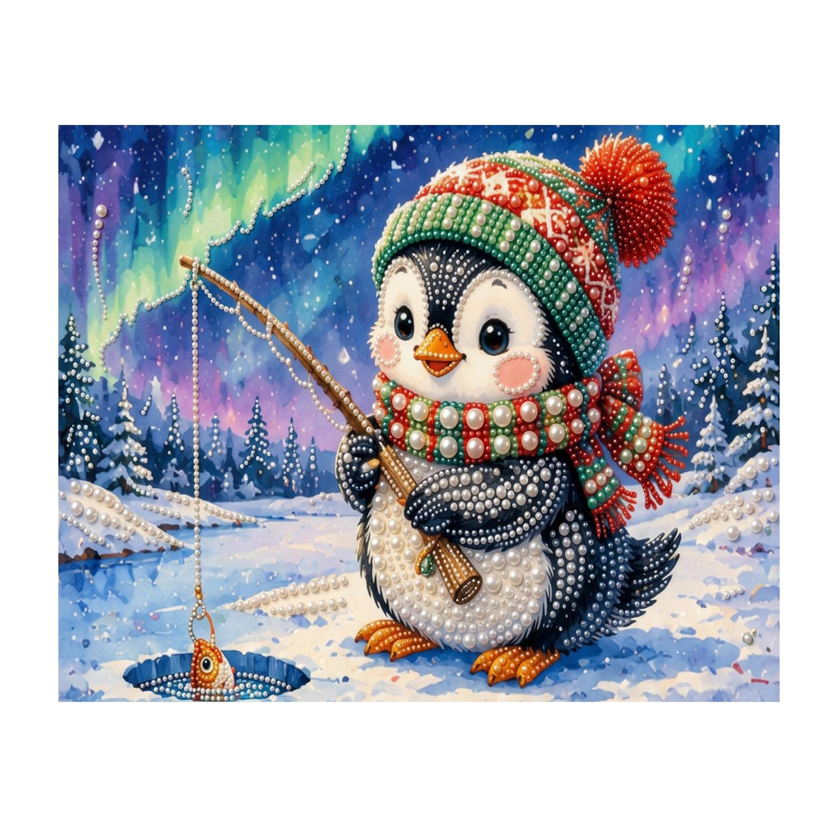 Penguin's Catch Under the Aurora pearl painting – image 11