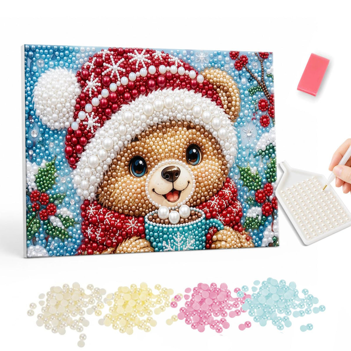 Snowflake-Hat Bear with Cocoa pearl painting – Brown bear cub in a red snowflake Santa hat holding a blue mug of cocoa among holly