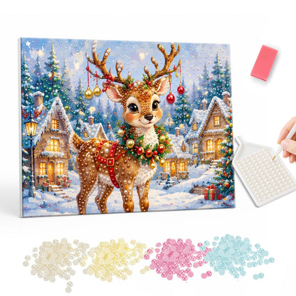 Reindeer with Bauble-Hung Antlers pearl painting – Reindeer wearing a wreath with baubles hanging from its antlers in a snowy village at dusk