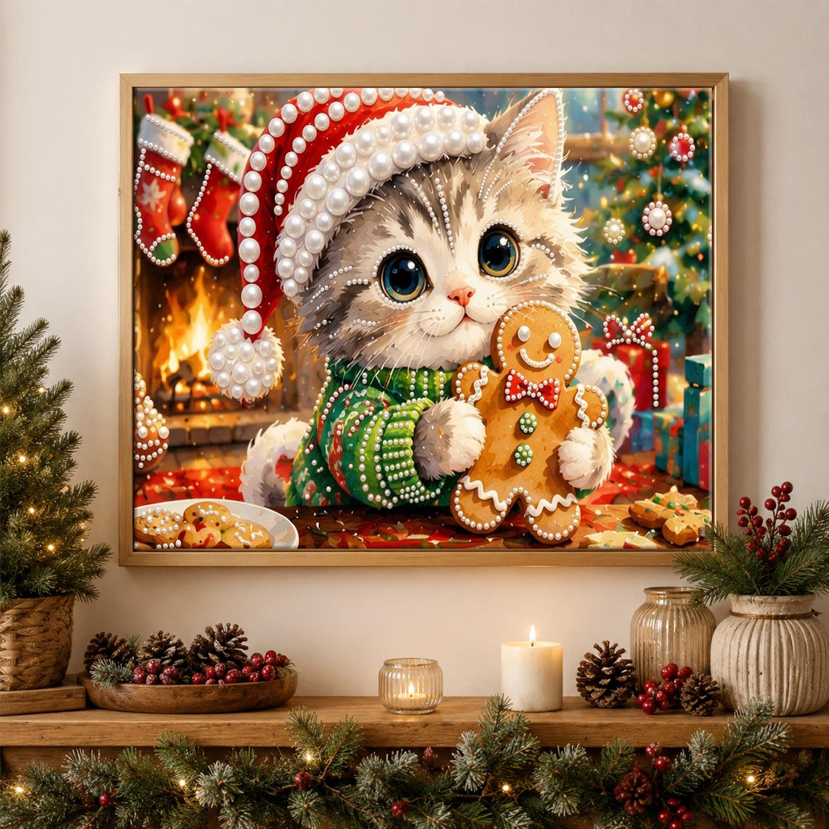 Fireside Gingerbread Kitten pearl painting – image 3