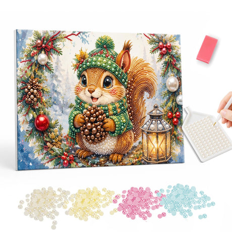 Wreath-Framed Squirrel and Lantern pearl painting – Squirrel in a green knit hat and scarf holding a pine cone beside a lantern, framed by a wreath