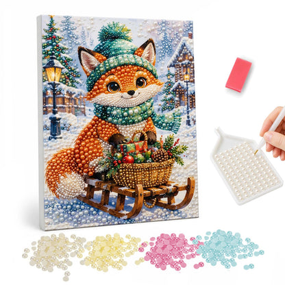 Green Knit Fox Sledding pearl painting – Fox in a green knit hat and scarf on a wooden sled with a basket of greenery in a snowy village