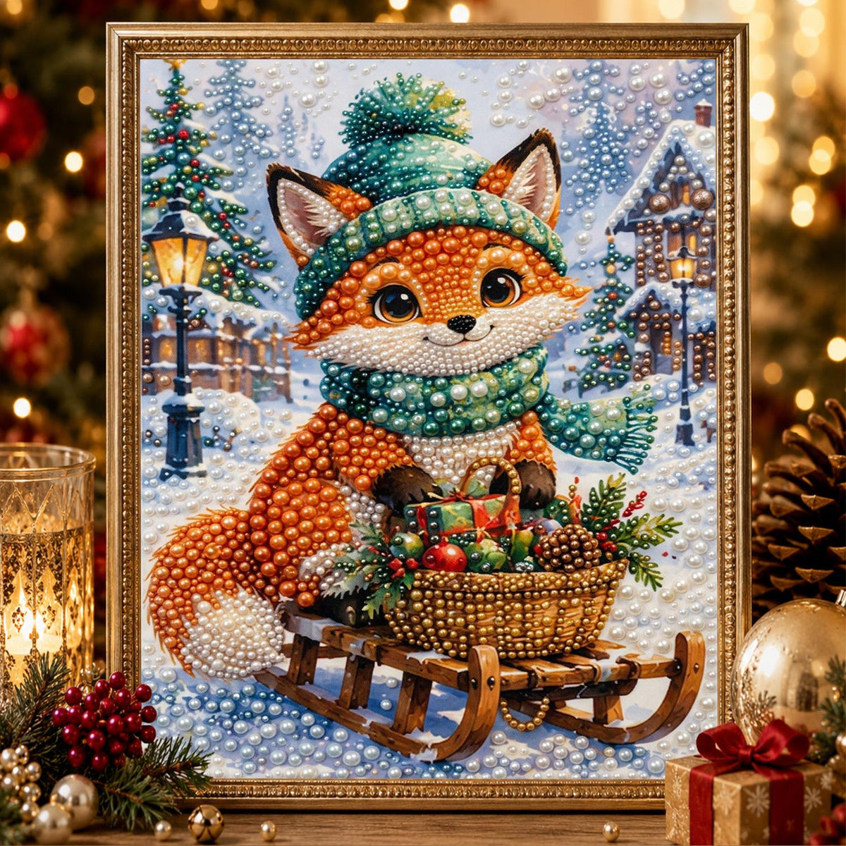 Green Knit Fox Sledding pearl painting – image 2