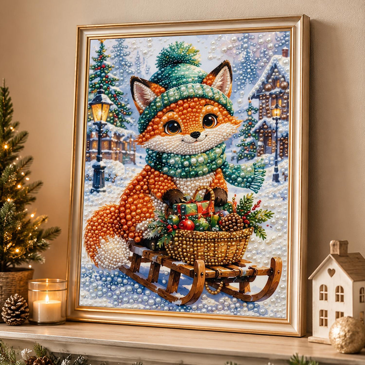 Green Knit Fox Sledding pearl painting – image 4