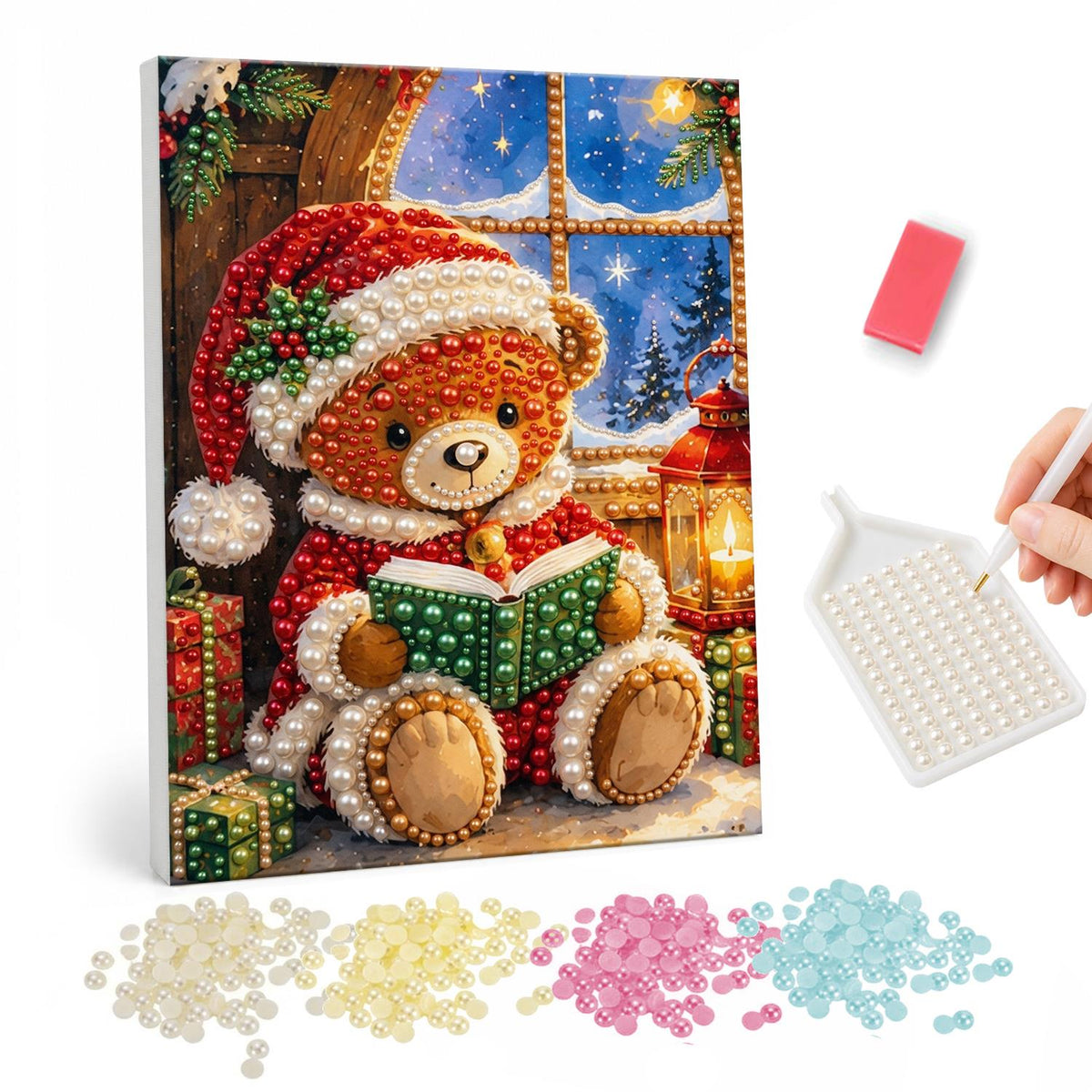 Teddy Reading by the Window pearl painting – Teddy bear in a Santa hat reading a green book by a frosty window with a lantern and gifts