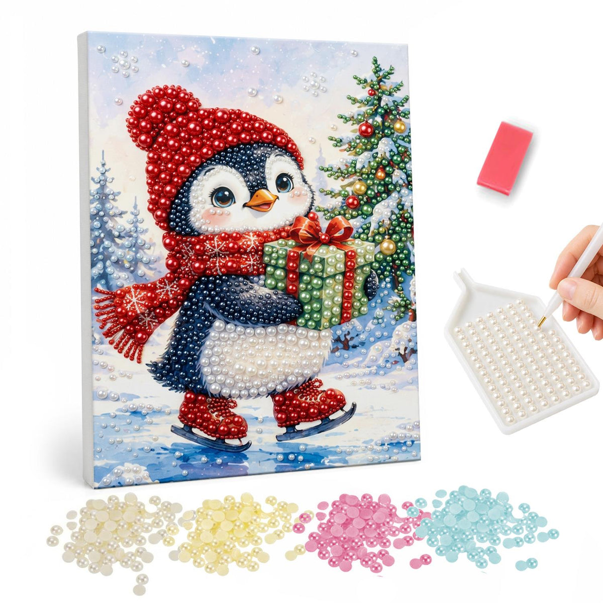 Penguin Skating with a Gift pearl painting – Penguin in a red knit hat and scarf ice skating while carrying a green gift past a Christmas tree
