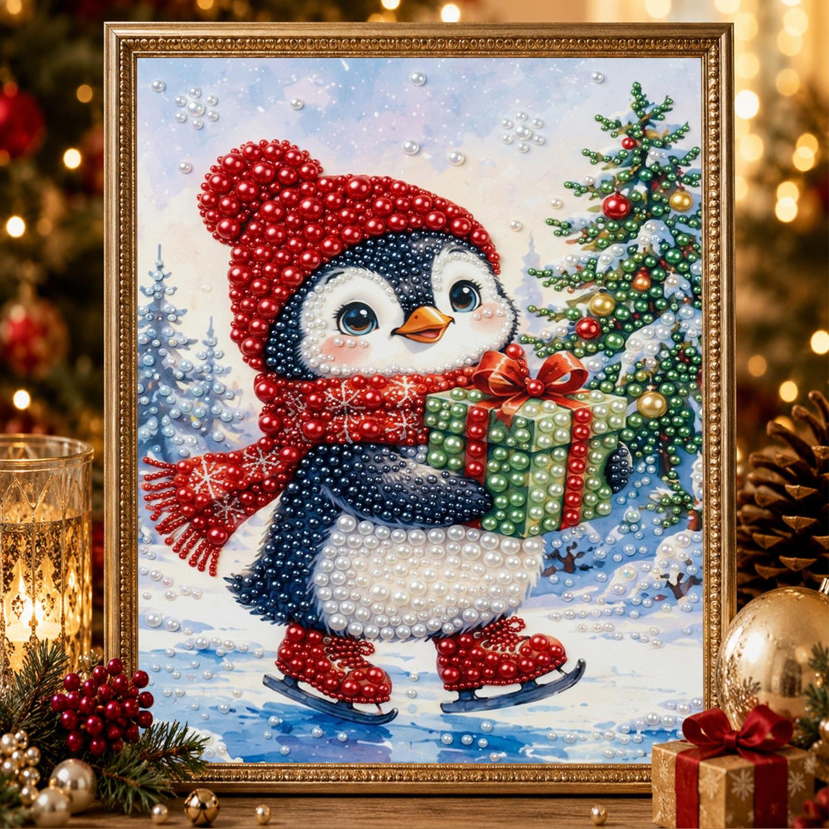 Penguin Skating with a Gift pearl painting – image 2