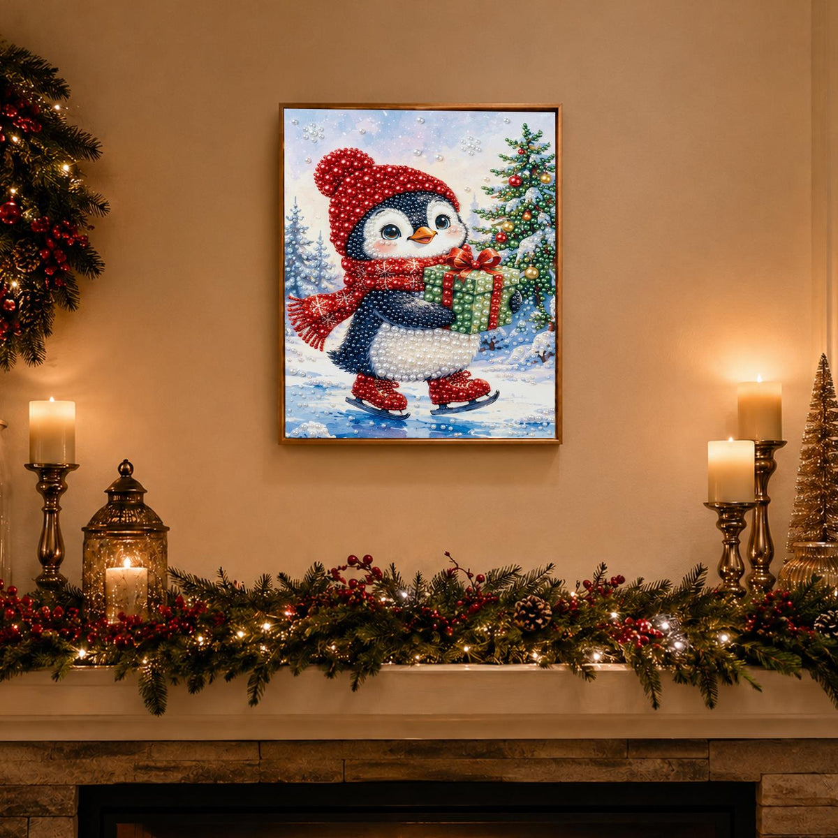 Penguin Skating with a Gift pearl painting – image 3