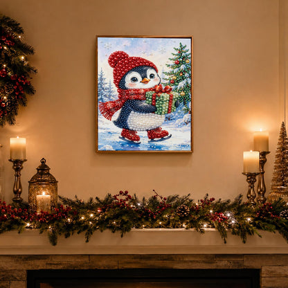 Penguin Skating with a Gift pearl painting – image 3