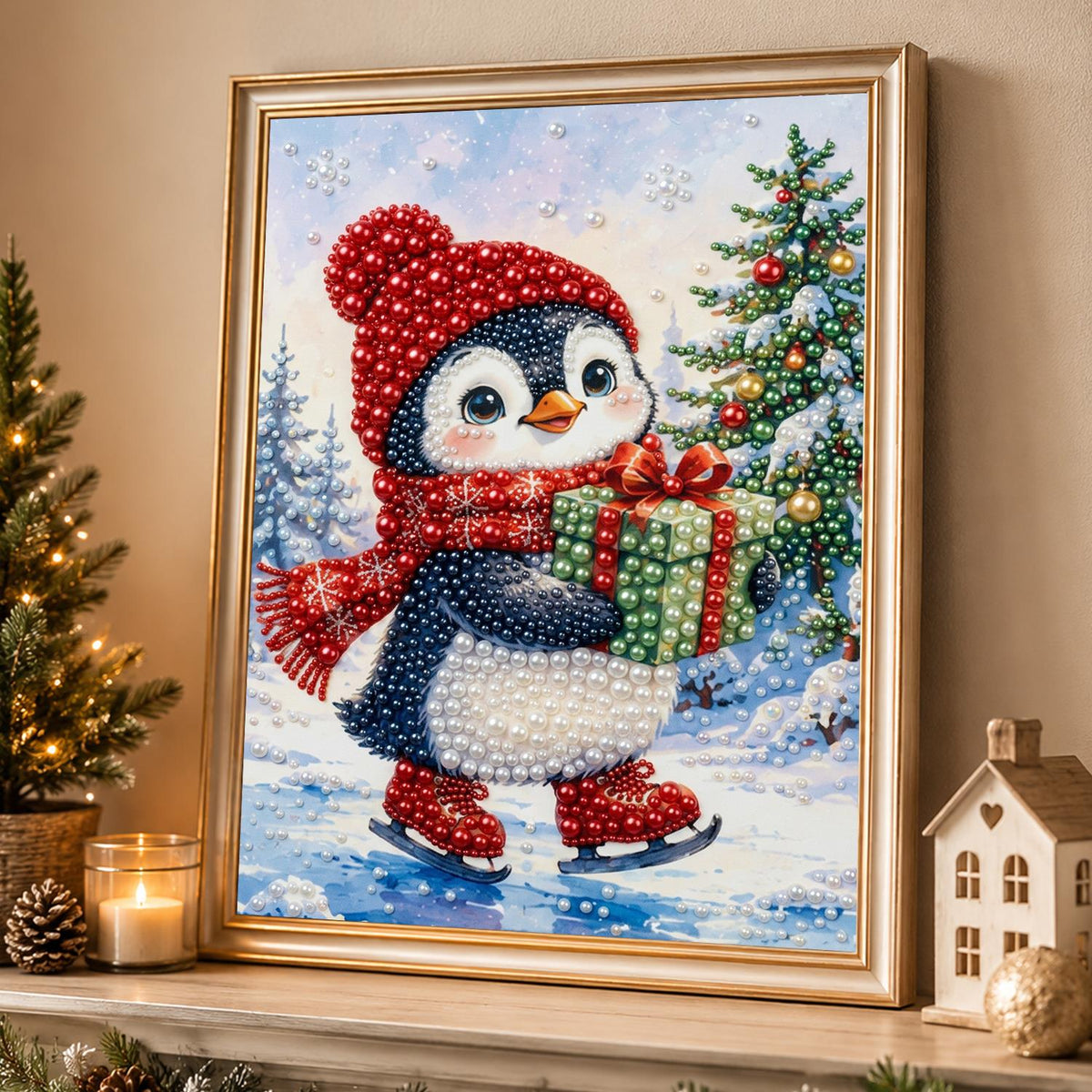 Penguin Skating with a Gift pearl painting – image 4