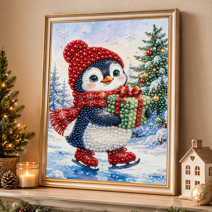 Penguin Skating with a Gift pearl painting – image 4